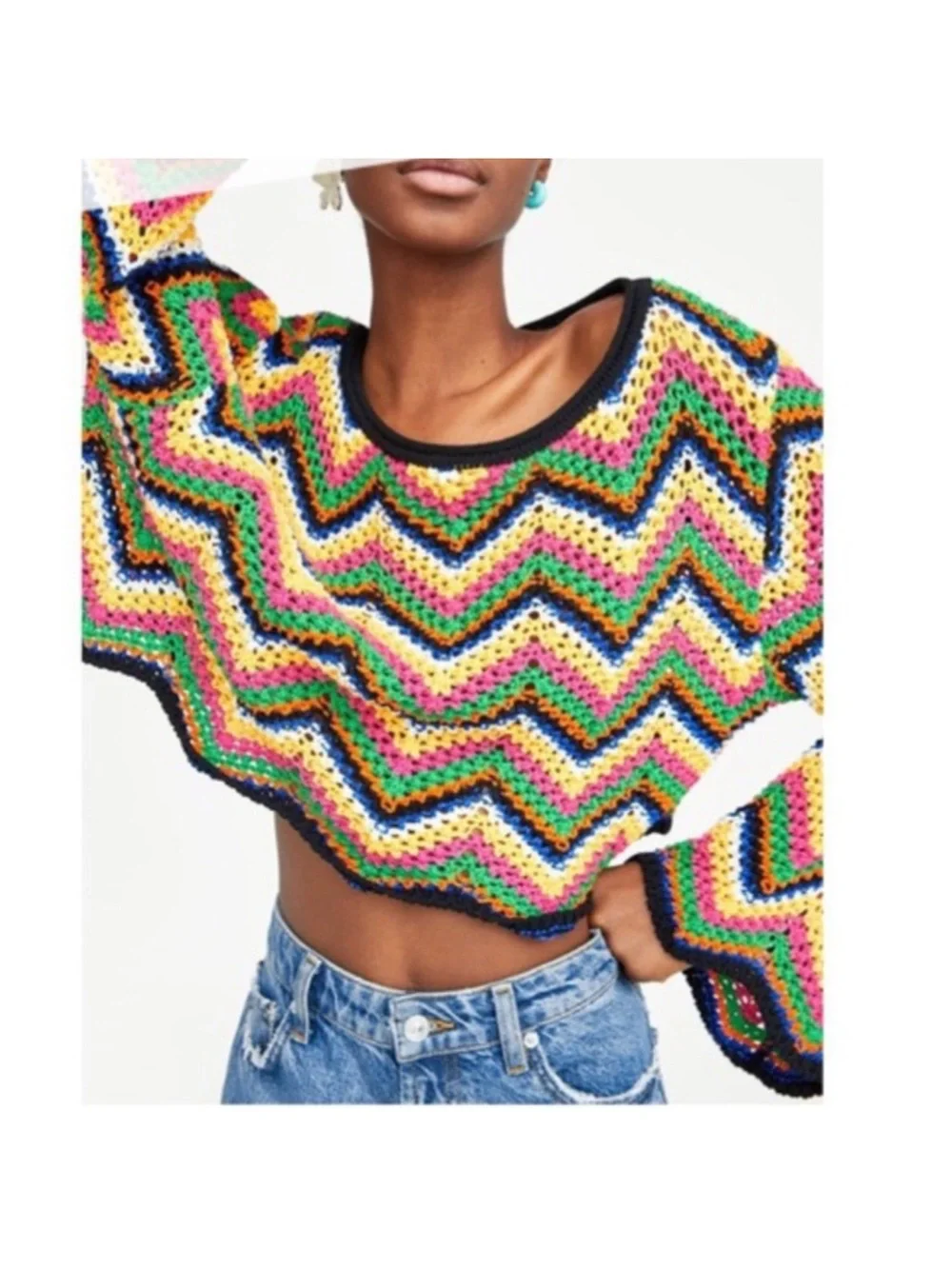 Zara‎ Colorful Crochet Zigzag Sweater – Size Large